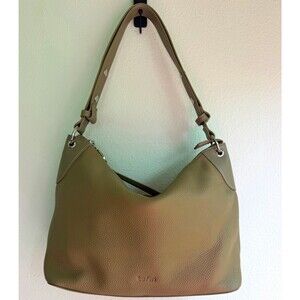 Befen Leather Beige Pebbled Shoulder Bag Solid Silver Hardware Zip Outer Pockets